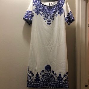 White and blue print dress